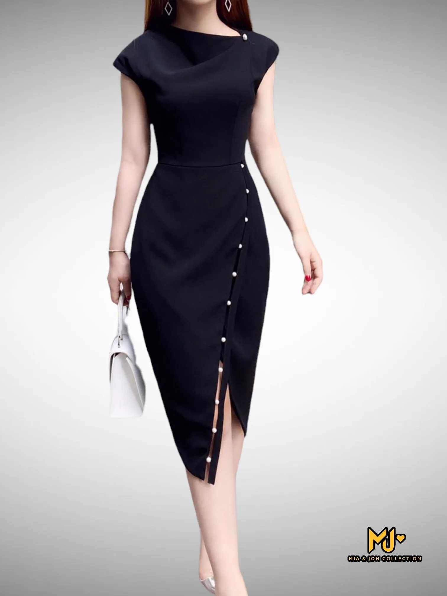 MJV836 Elegant Faux Wrap Body-Con Dress