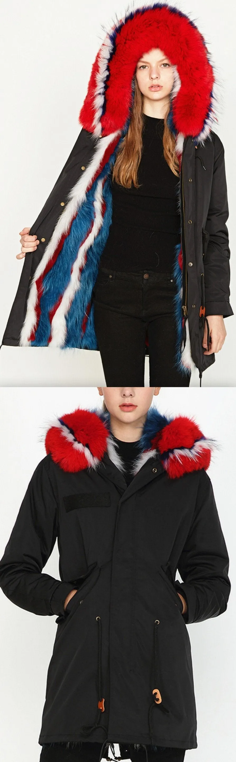 Multi Colored Fox-Fur Hooded & Lined Parka Coat