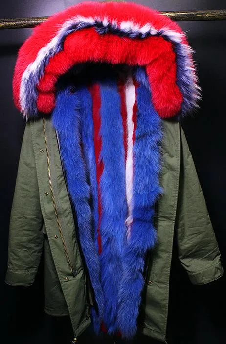 Multi Colored Fox-Fur Hooded & Lined Parka Coat