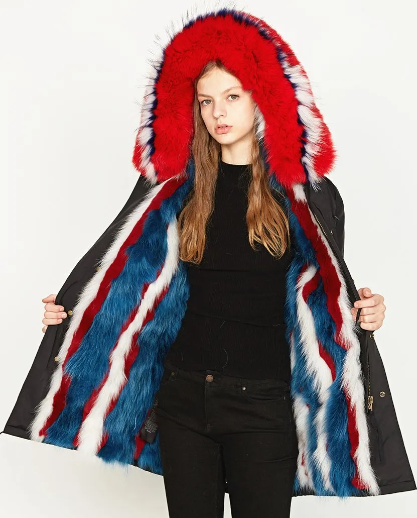 Multi Colored Fox-Fur Hooded & Lined Parka Coat