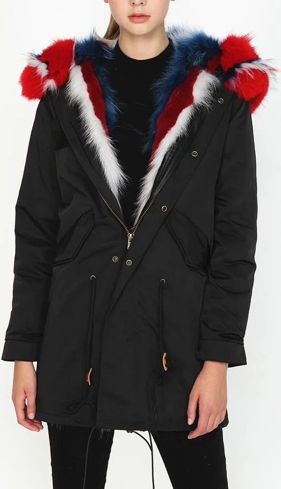 Multi Colored Fox-Fur Hooded & Lined Parka Coat