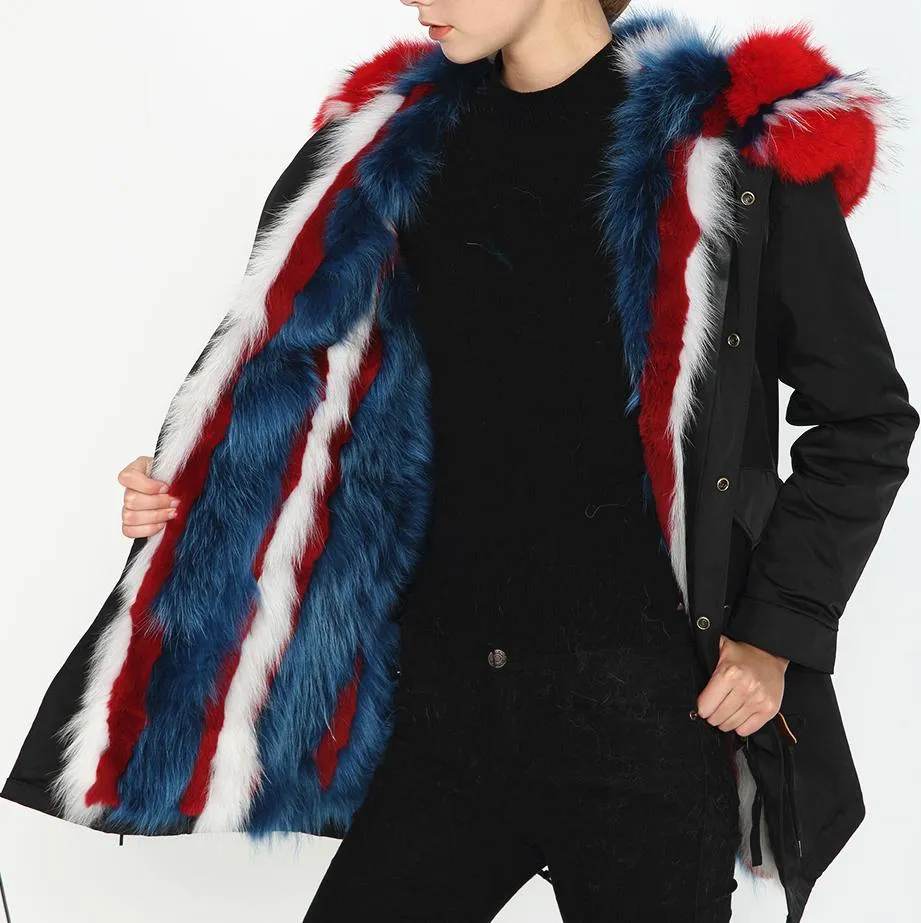 Multi Colored Fox-Fur Hooded & Lined Parka Coat