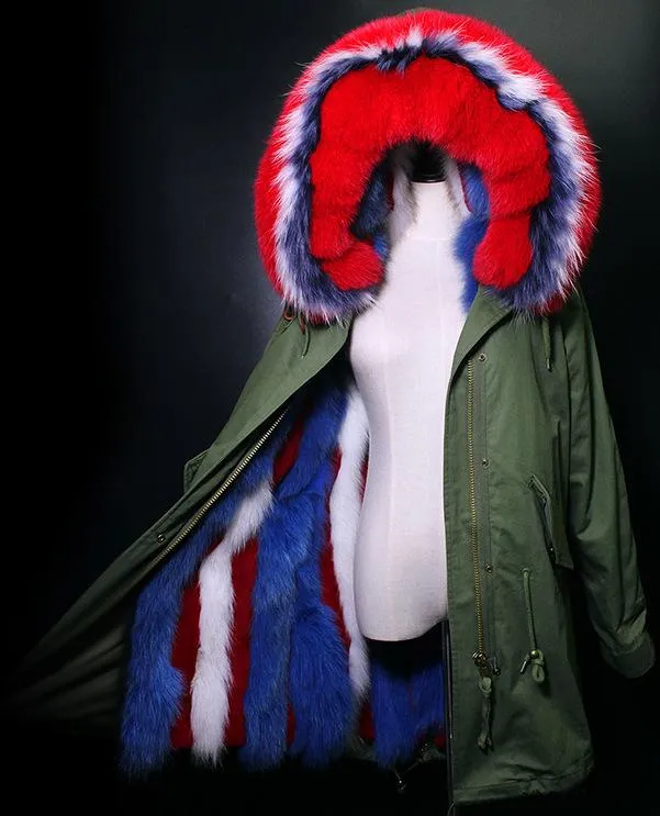 Multi Colored Fox-Fur Hooded & Lined Parka Coat