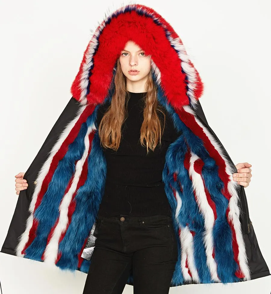 Multi Colored Fox-Fur Hooded & Lined Parka Coat