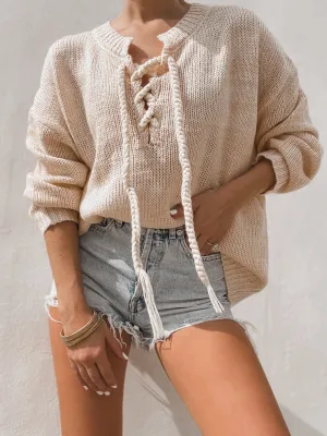 Oatmeal Lace Up Knit Sweater