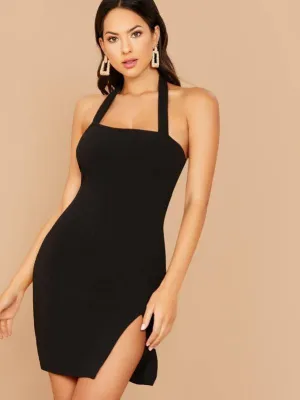 Open Back Split Side Bodycon Halter Dress