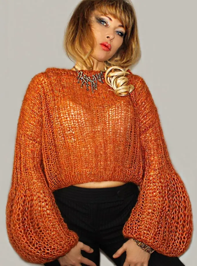 Orange Mohair Cropped Short Bohemian sweater with Puffy sleeves