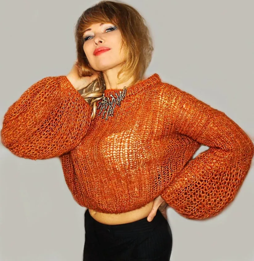 Orange Mohair Cropped Short Bohemian sweater with Puffy sleeves