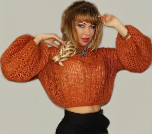 Orange Mohair Cropped Short Bohemian sweater with Puffy sleeves