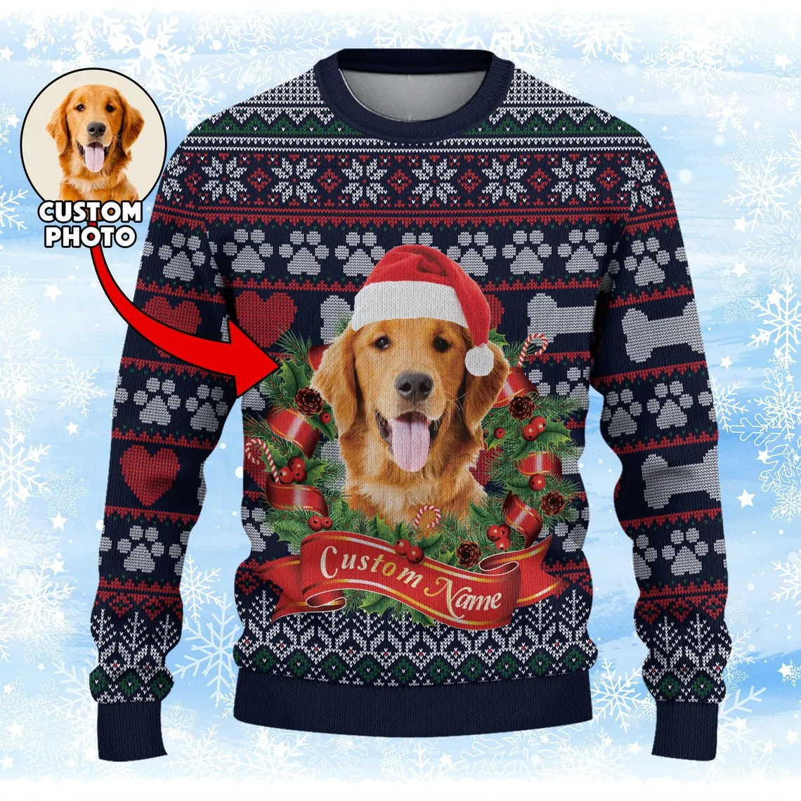 Personalized Pet Face Christmas Funny Laurel Wreath Vintage Pattern Sweater Custom Pet Face Christmas Sweater Gift For Dog Dad