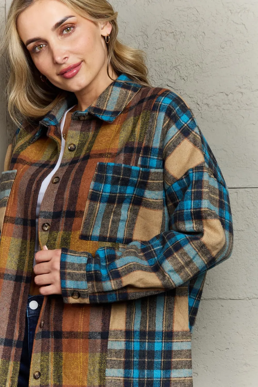 Plaid Curved Hem Shirt Jacket with Breast Pockets