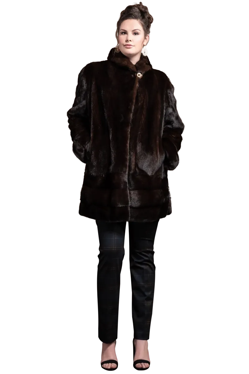 Plus Size Fashionable Mid Length Mink Fur Coat - Shawl Collar - Horizontal Hem