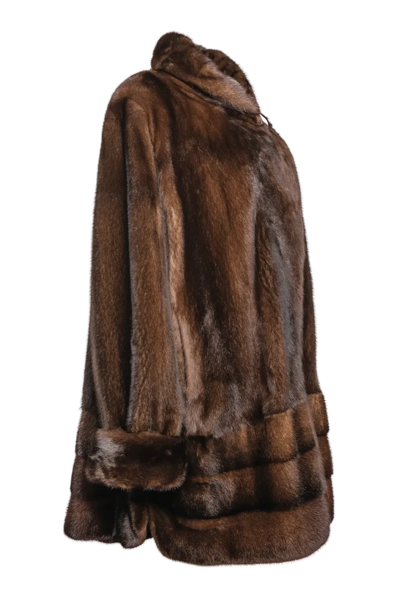 Plus Size Fashionable Mid Length Mink Fur Coat - Shawl Collar - Horizontal Hem