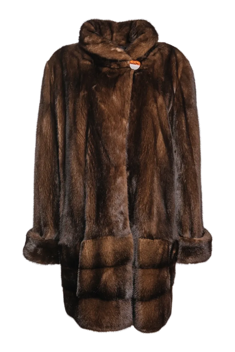 Plus Size Fashionable Mid Length Mink Fur Coat - Shawl Collar - Horizontal Hem