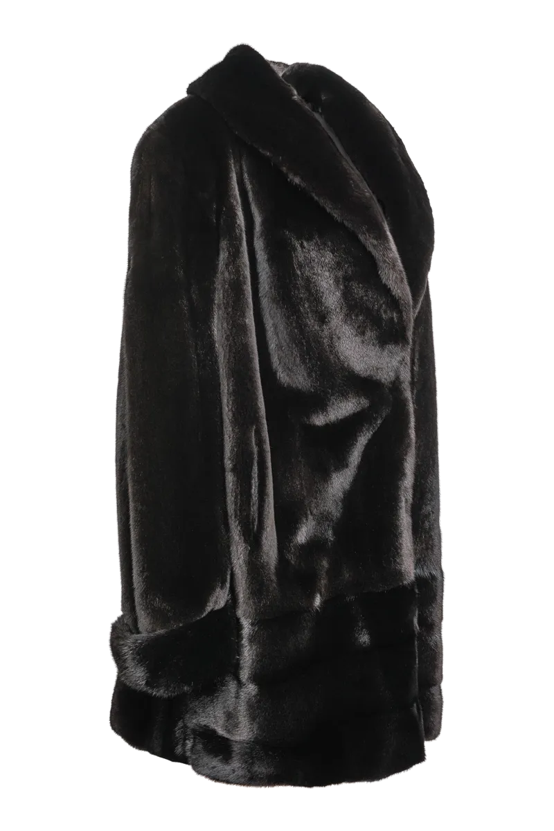 Plus Size Fashionable Mid Length Mink Fur Coat - Shawl Collar - Horizontal Hem