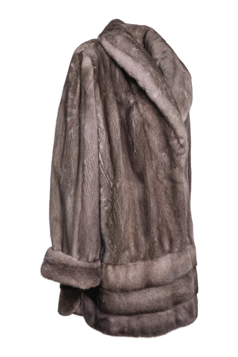 Plus Size Fashionable Mid Length Mink Fur Coat - Shawl Collar - Horizontal Hem