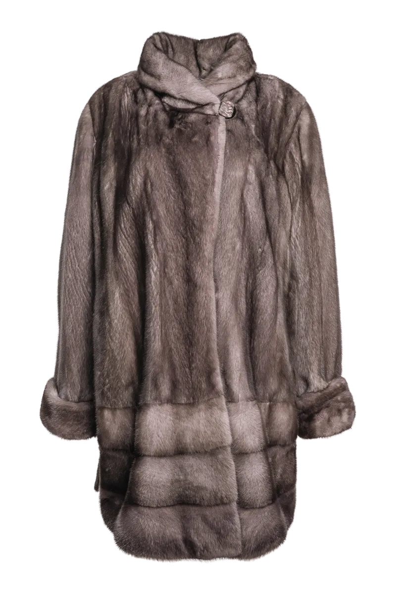 Plus Size Fashionable Mid Length Mink Fur Coat - Shawl Collar - Horizontal Hem