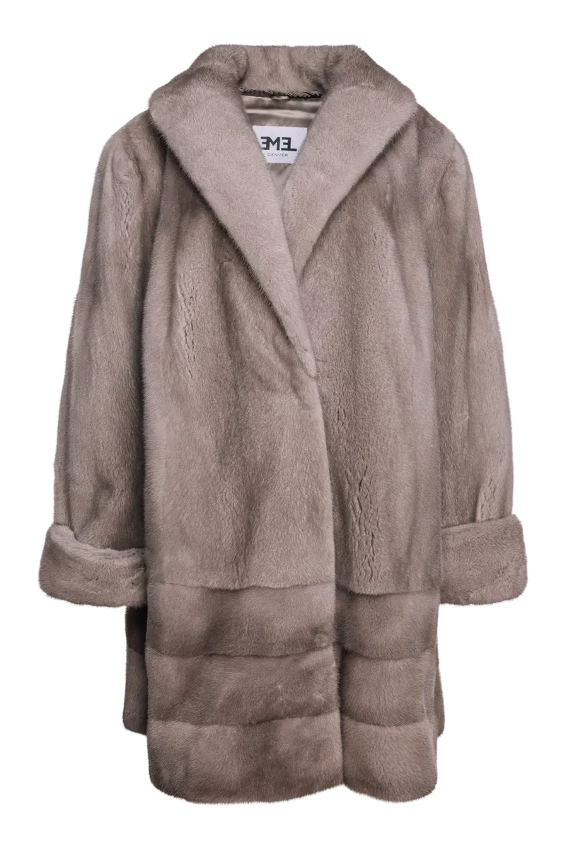 Plus Size Fashionable Mid Length Mink Fur Coat - Shawl Collar - Horizontal Hem