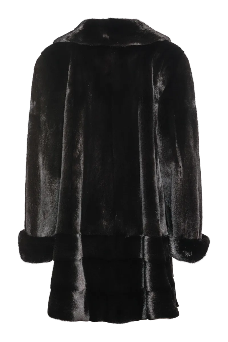 Plus Size Fashionable Mid Length Mink Fur Coat - Shawl Collar - Horizontal Hem