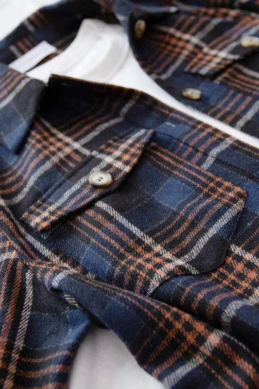 POCKETED PLAID SHACKET (NAVY/RUST)