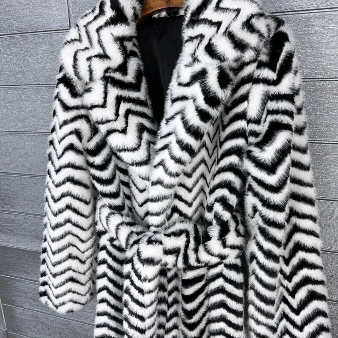 Pre Order:  Faux Fur Lapel Thick Warm Striped Long Coat