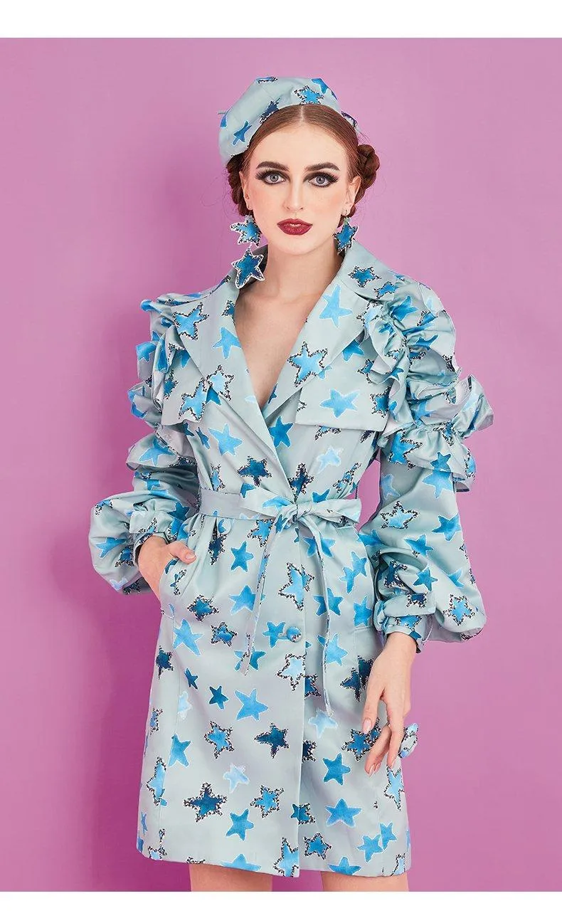 Printed embroidery bandage lace pocket trench coat dress- Fifi