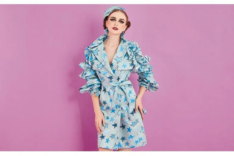 Printed embroidery bandage lace pocket trench coat dress- Fifi