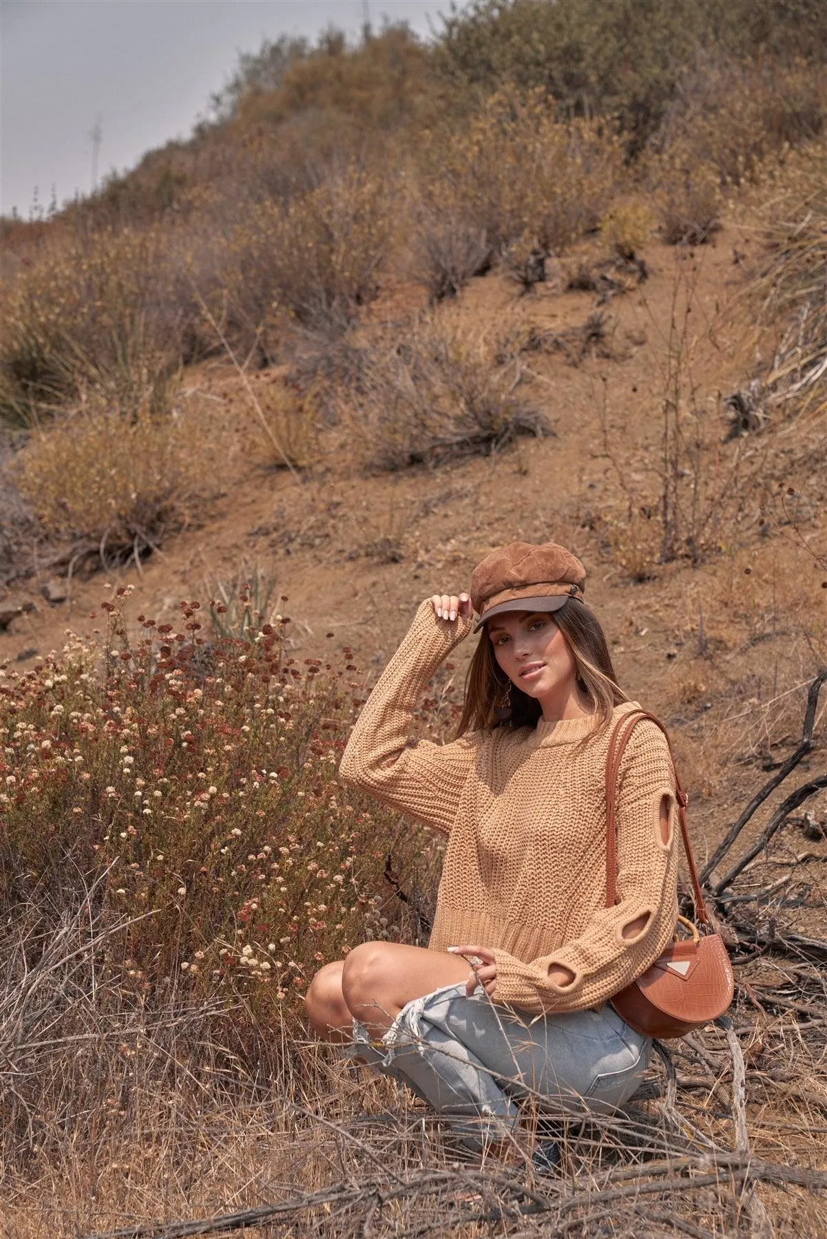 Pumpkin Spice Caramel Round Neck Long Cut-Out Detail Sleeve Cable Knit Cropped Sweater /4-2