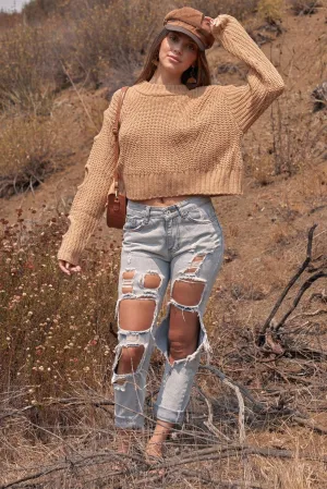 Pumpkin Spice Caramel Round Neck Long Cut-Out Detail Sleeve Cable Knit Cropped Sweater /4-2