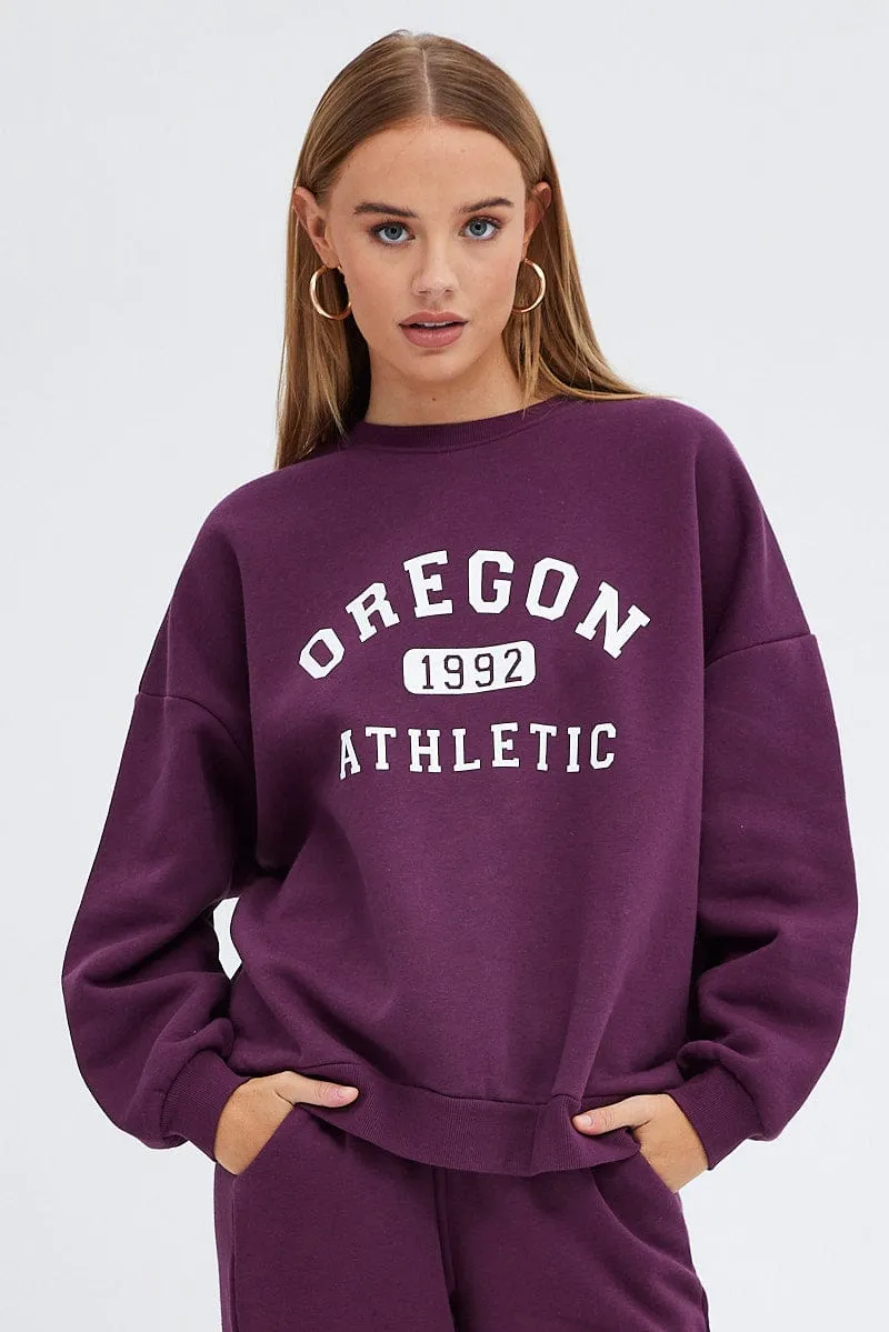 Purple Graphic Sweater Long Sleeves