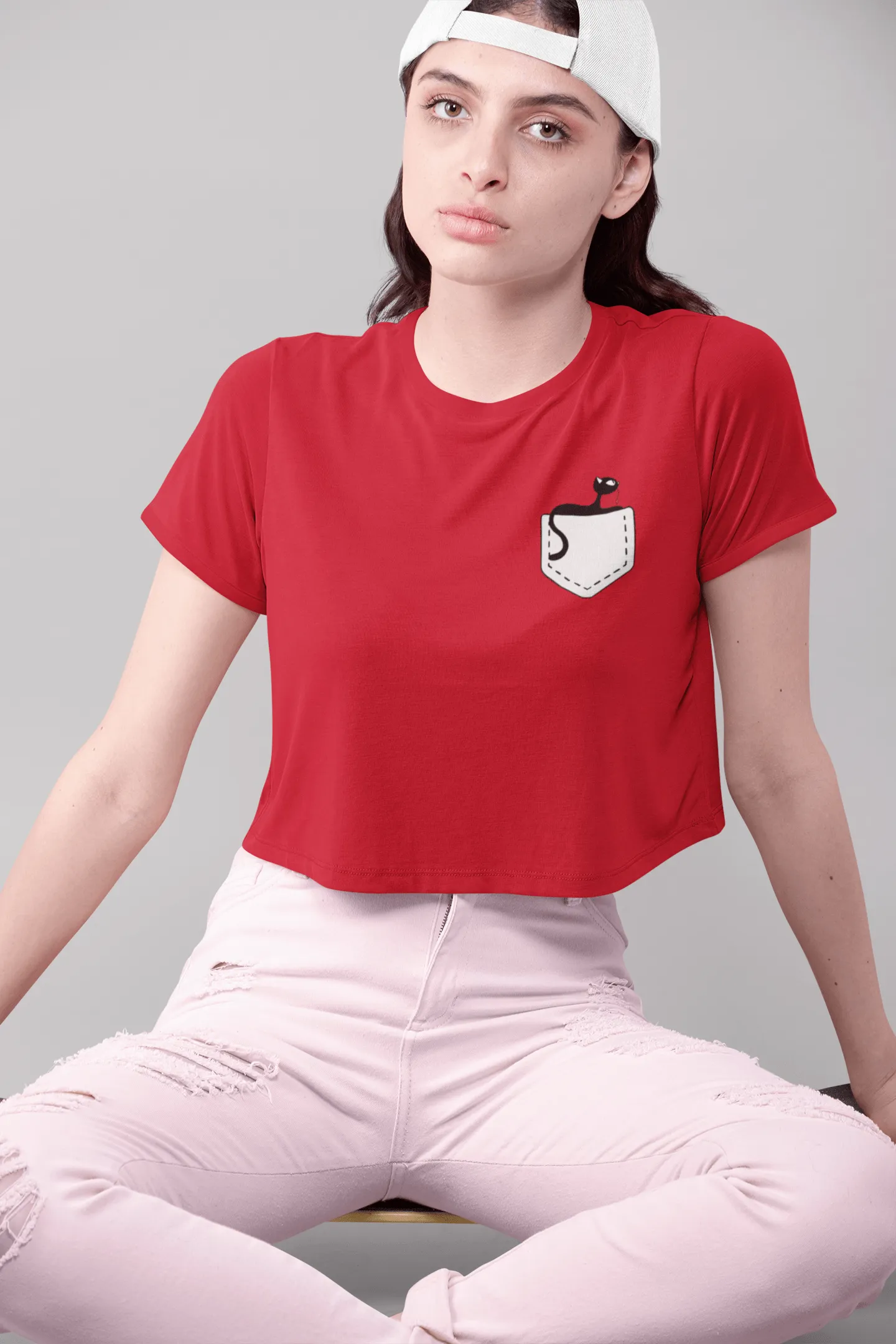 " CUTE CAT " - HALF SLEEVE POCKET DESIGN CROP TOPS