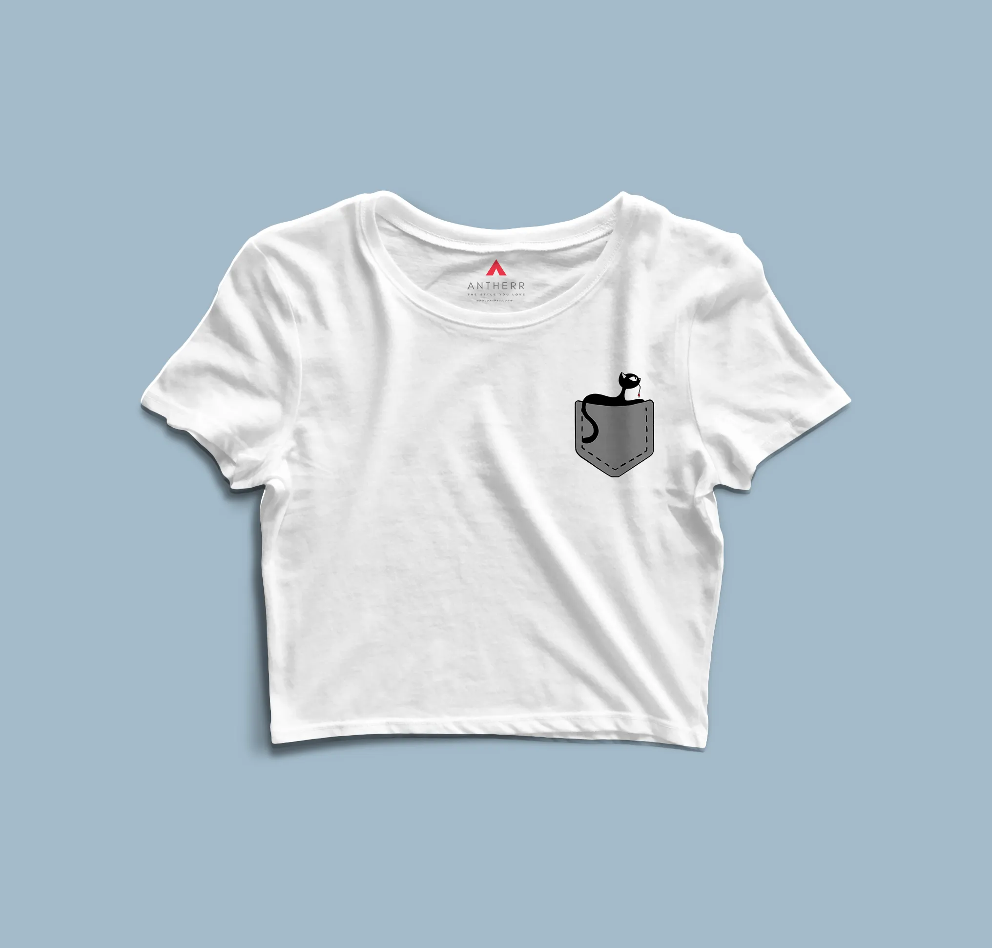 " CUTE CAT " - HALF SLEEVE POCKET DESIGN CROP TOPS