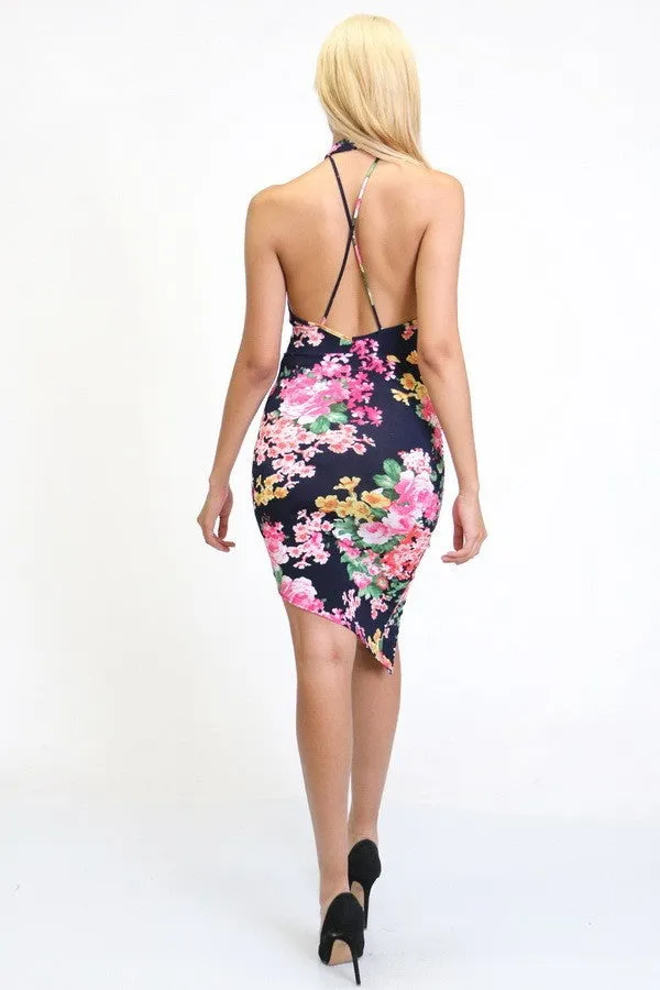 "fiesta" floral halter bodycon dress