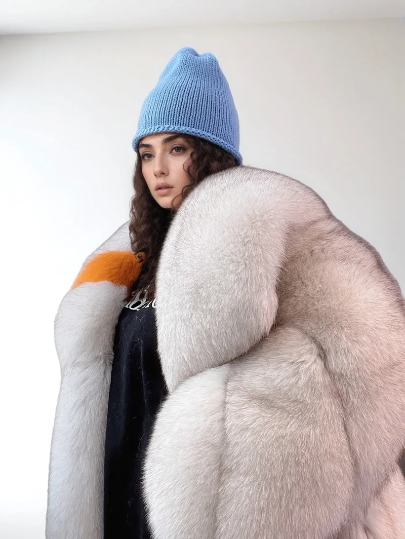 Real Fox Fur Coat for Women with Fur Collar - Blue Fox - G004