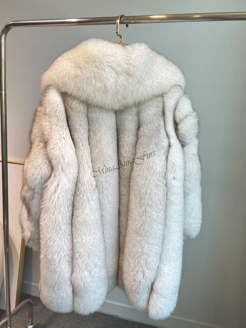 Real Fox Fur Coat for Women with Fur Collar - Blue Fox - G004