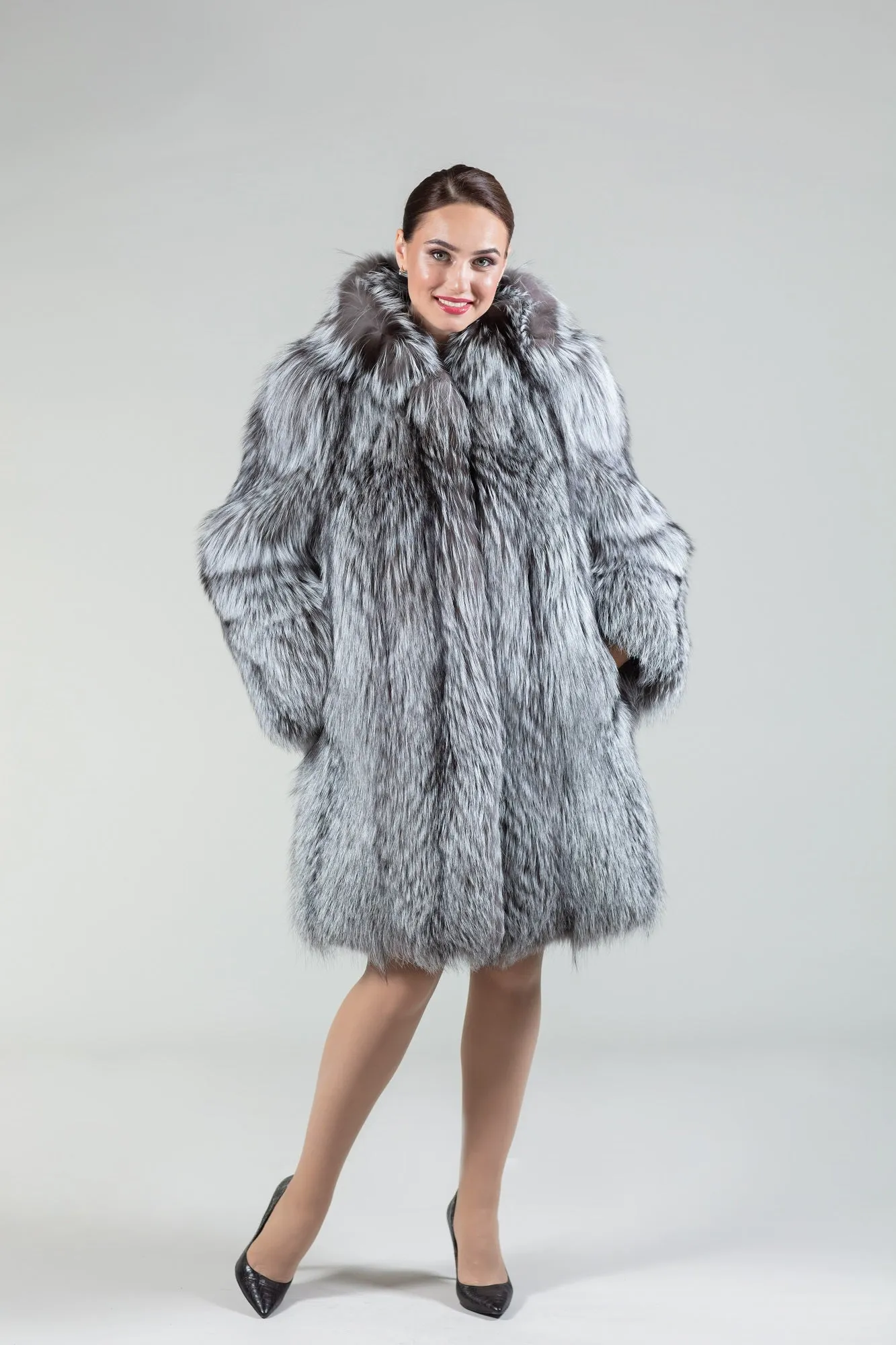 Real Silver Fox Fur Coat Hooded