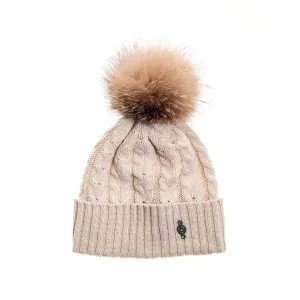 RECYCLED CASHMERE CABLE BEANIE WITH UPCYCLED FUR POM