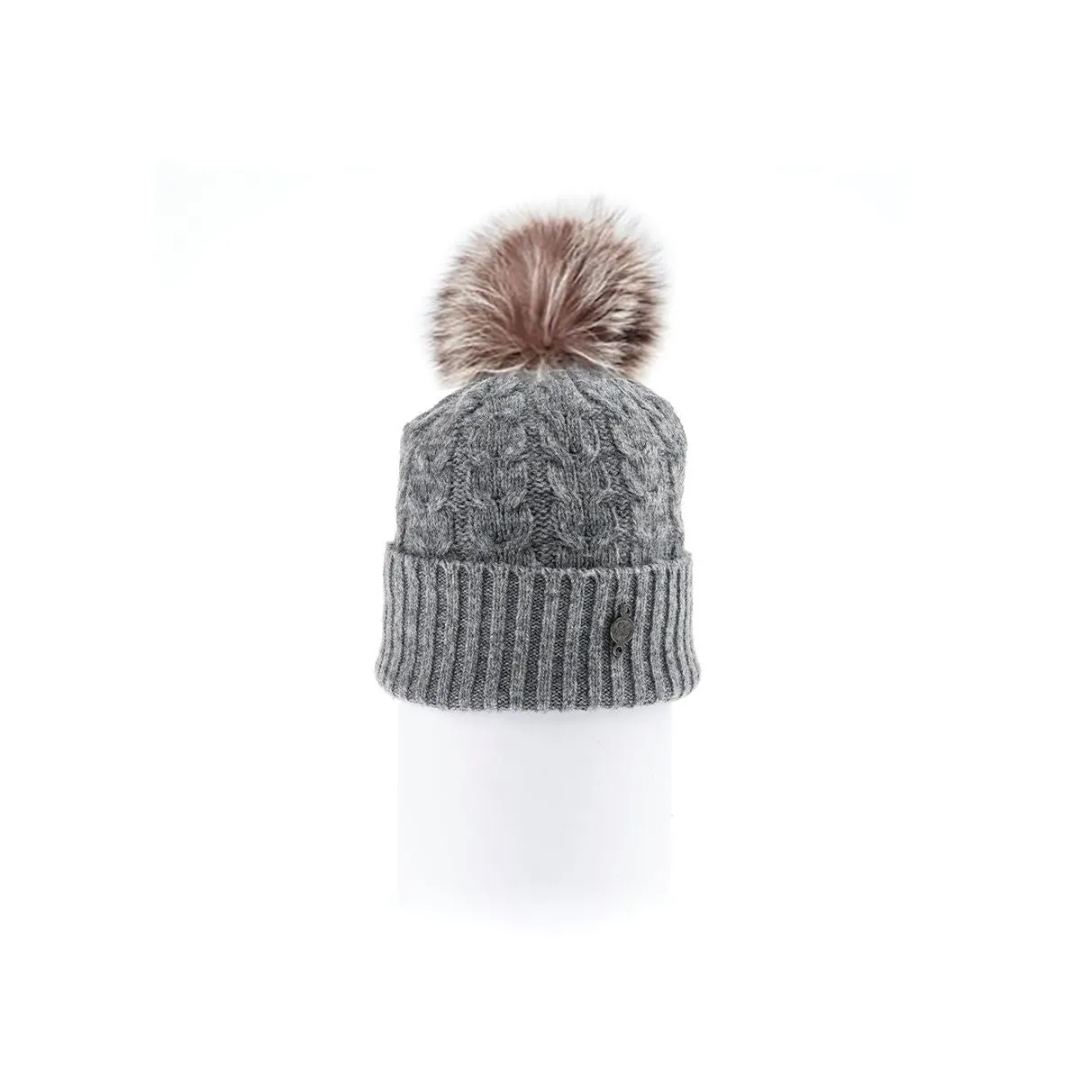 RECYCLED CASHMERE CABLE BEANIE WITH UPCYCLED FUR POM