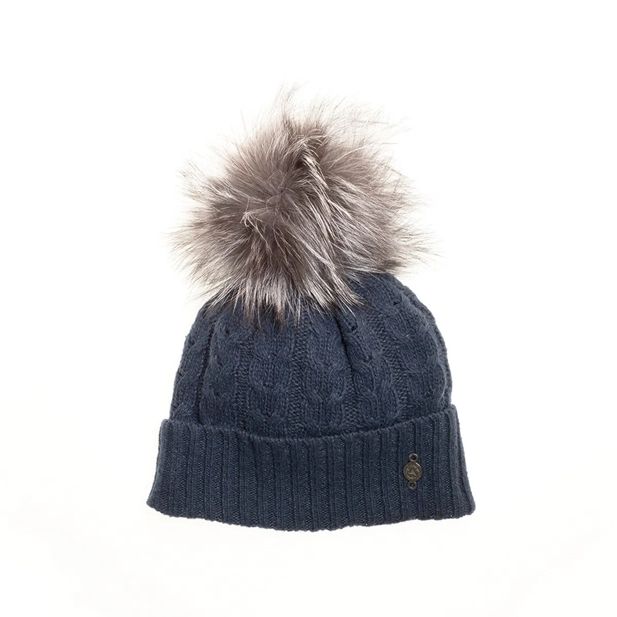 RECYCLED CASHMERE CABLE BEANIE WITH UPCYCLED FUR POM