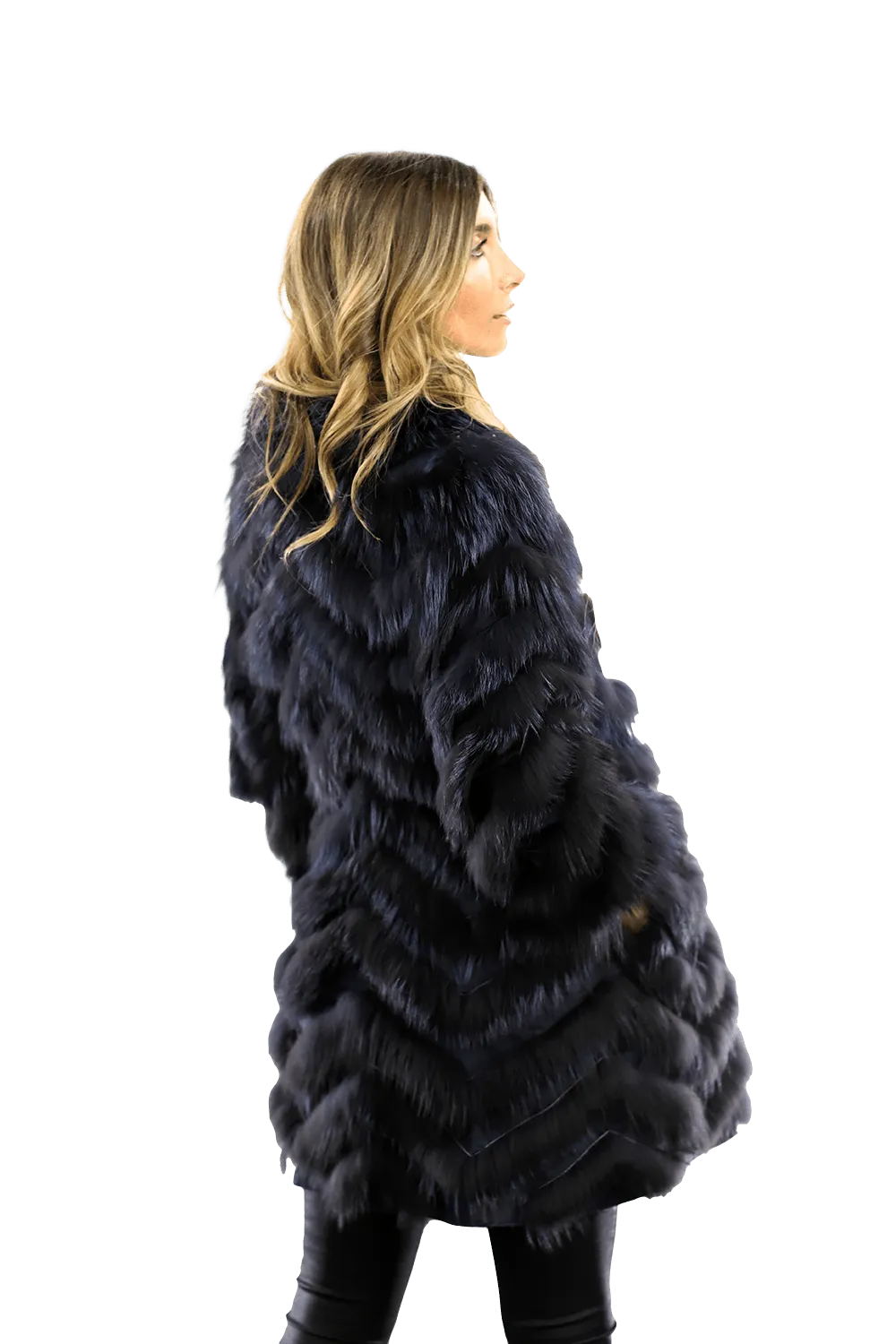 Reversible Silver Fox Fur Coat - Dark Blue