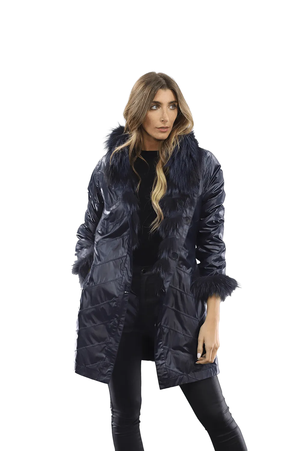 Reversible Silver Fox Fur Coat - Dark Blue