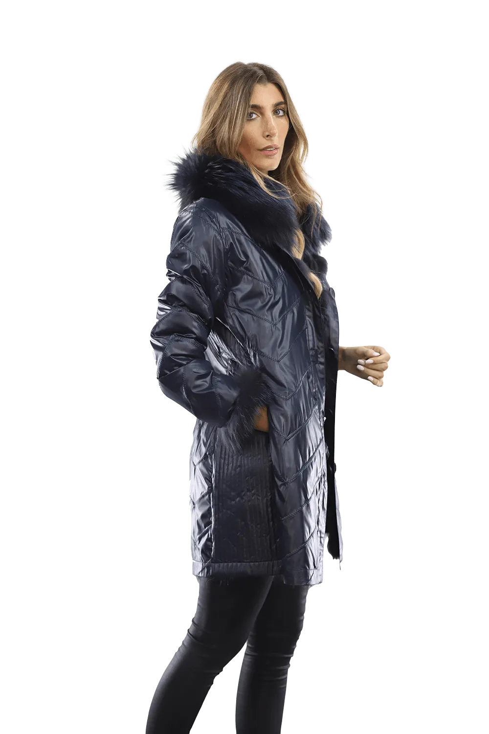 Reversible Silver Fox Fur Coat - Dark Blue