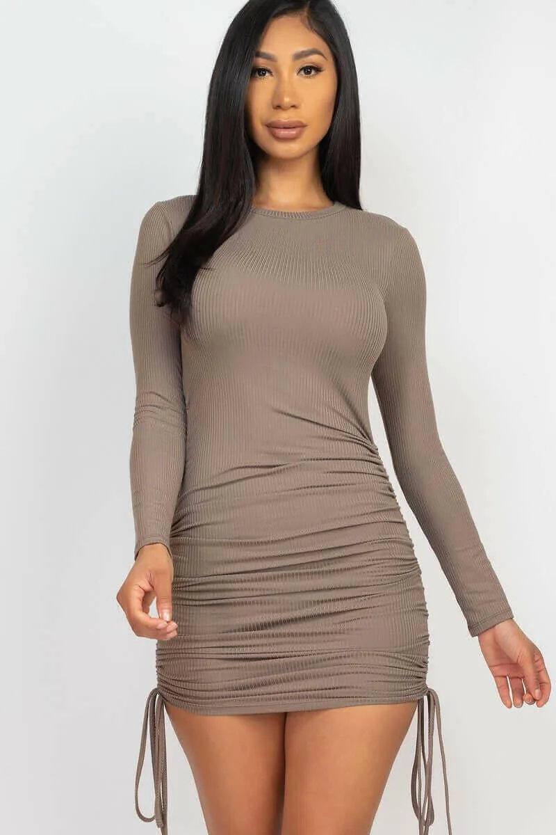 Ribbed long sleeve drawstring bodycon dress