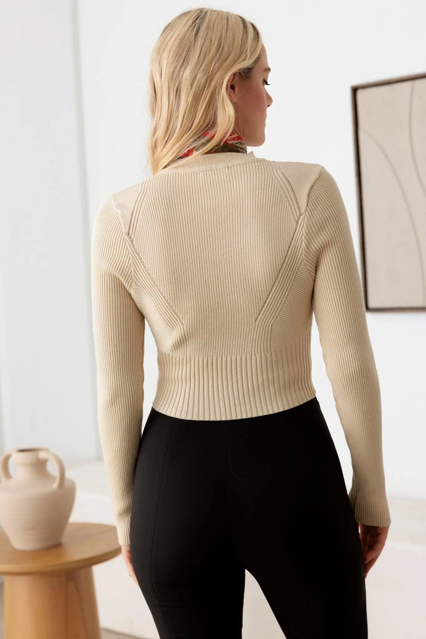 Ribbed Long Sleeve Seamless Knit Fitted Crop Top