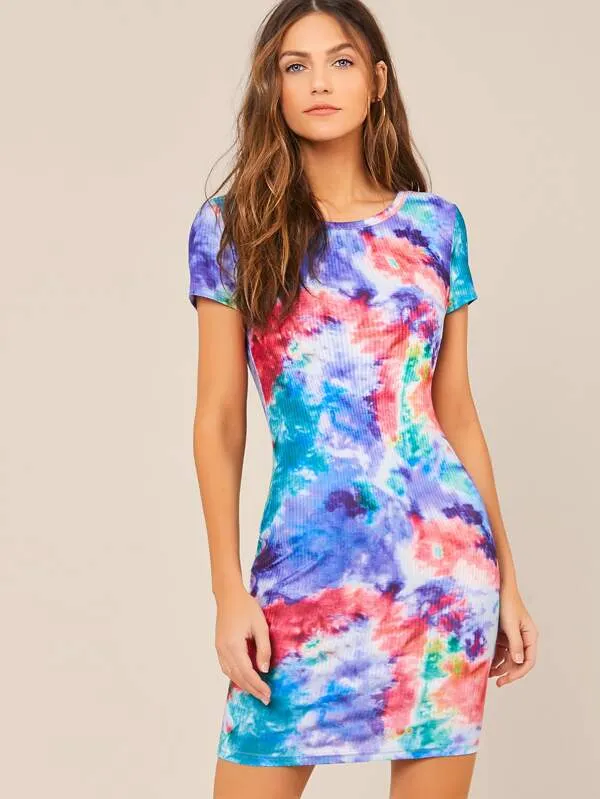 Ribbed Tie-Dye Wash Bodycon Dress