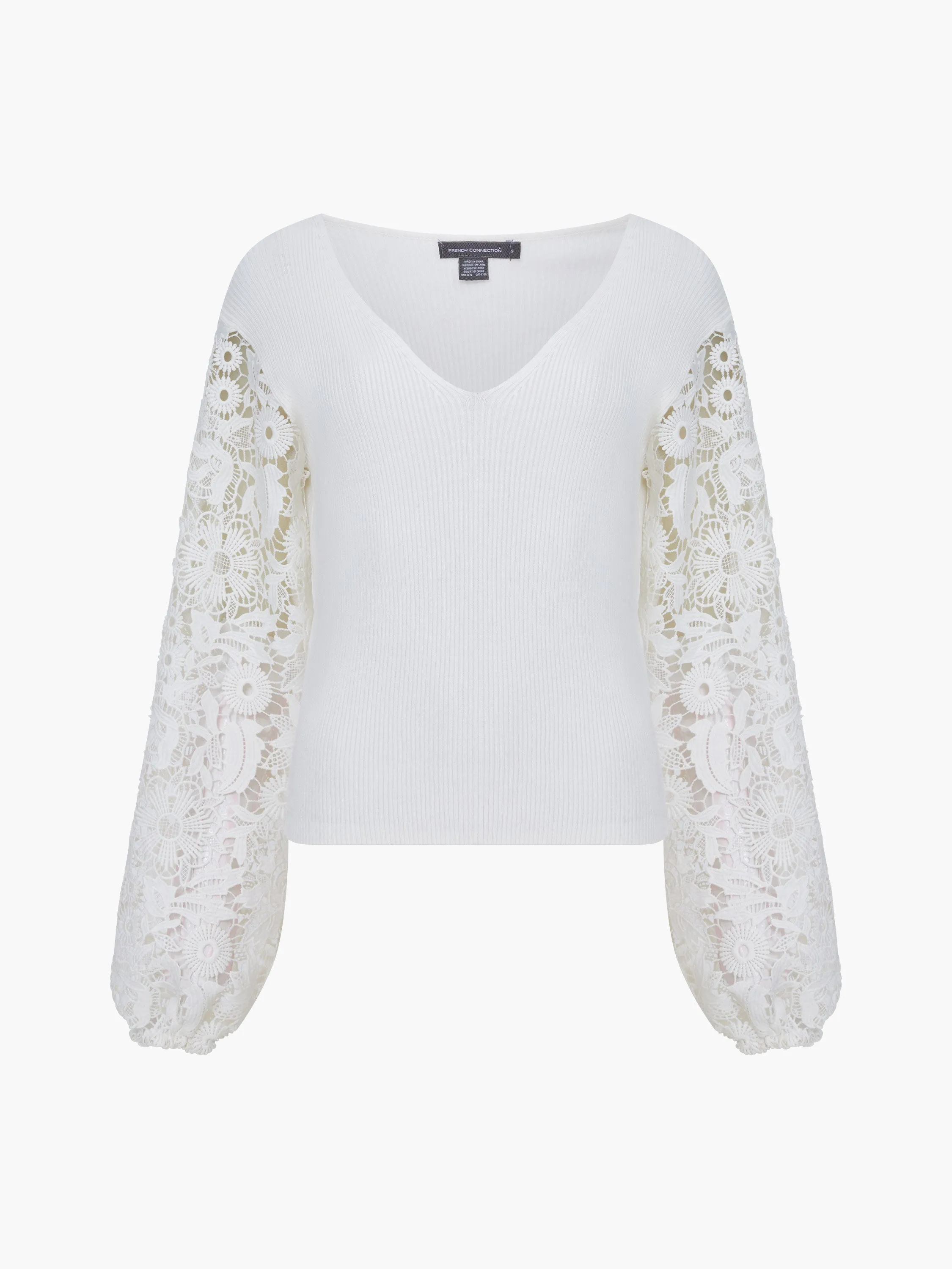 Ribbed V-Neck Lace Sleeve Jumper