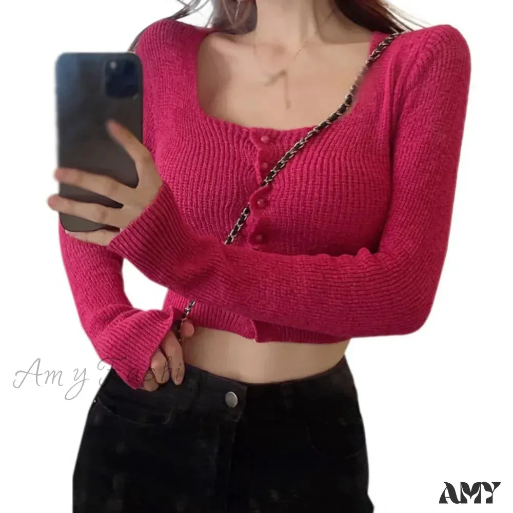 Sexy Summer Button Up Square Neck Long Sleeve Crop Sweater