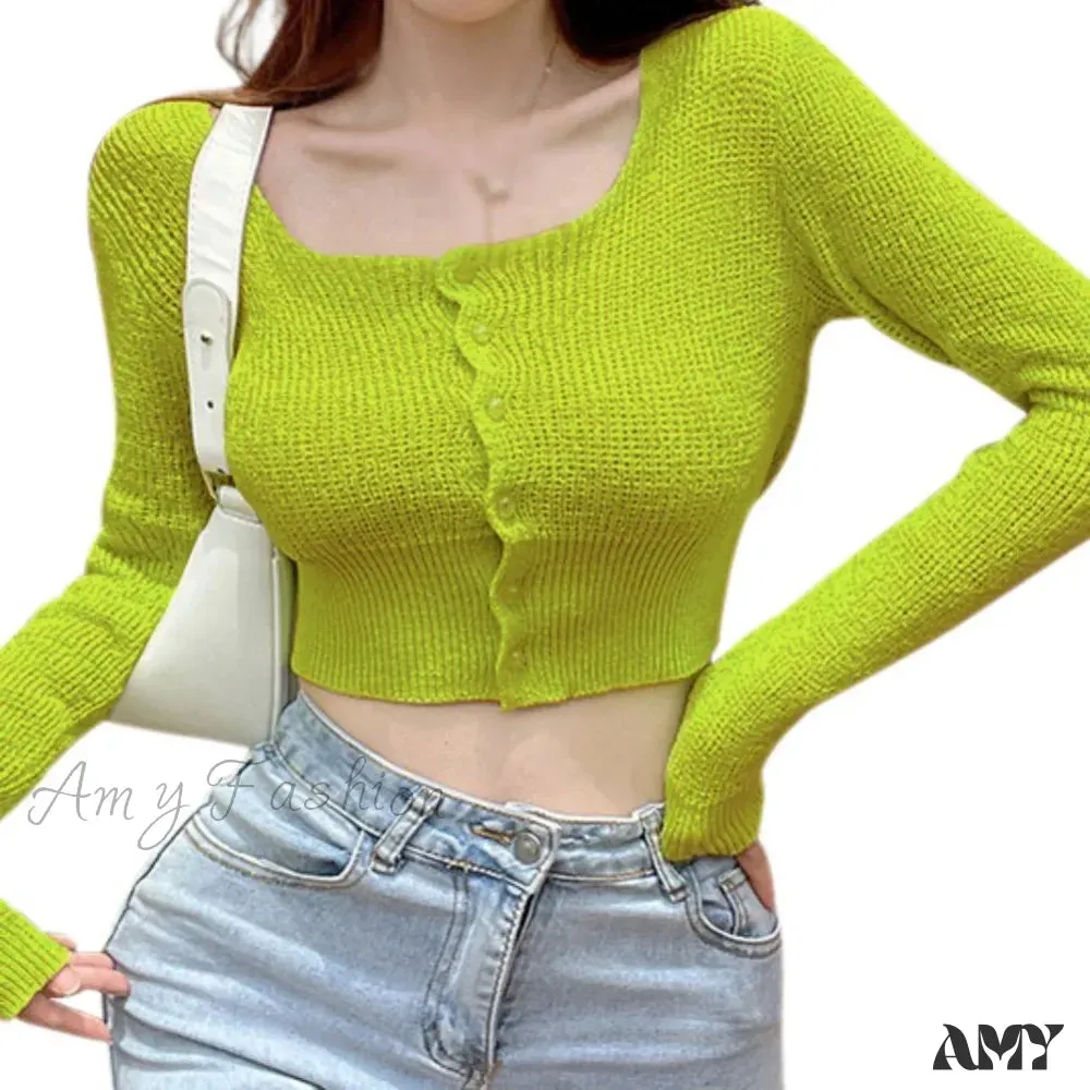 Sexy Summer Button Up Square Neck Long Sleeve Crop Sweater