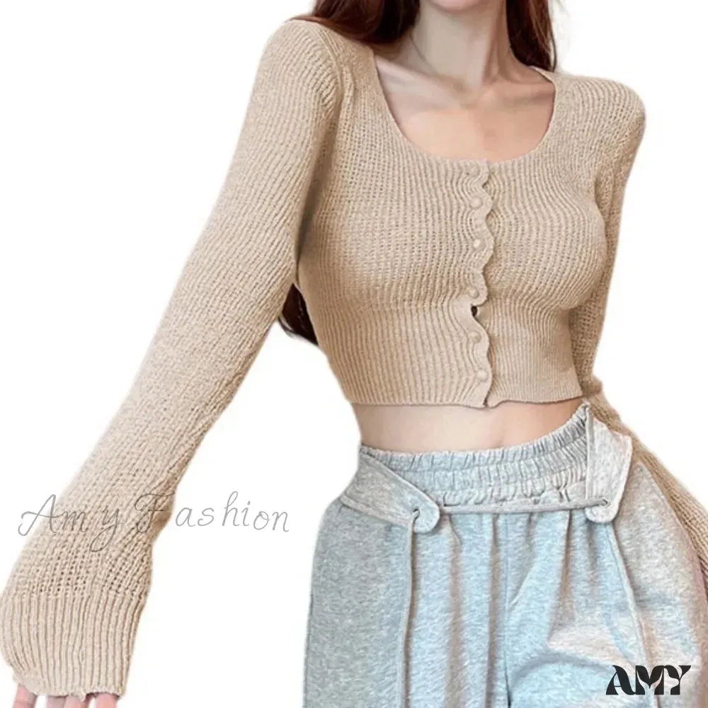 Sexy Summer Button Up Square Neck Long Sleeve Crop Sweater