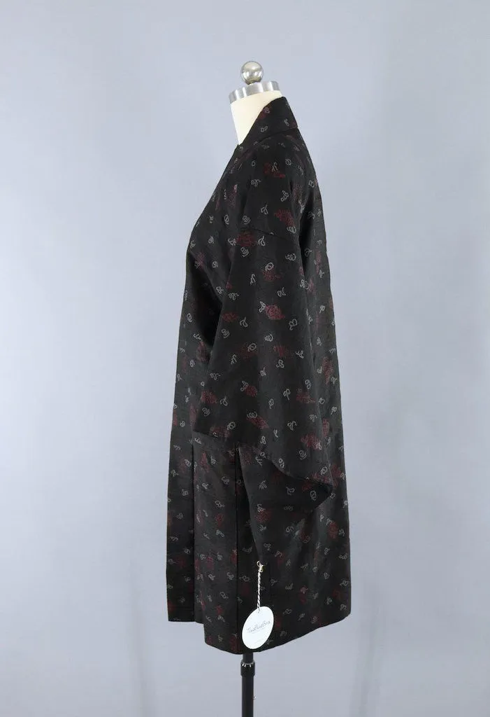 Silk Kimono Duster / Black & Maroon Ikat